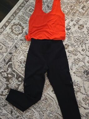 CAbi Black Cargo-Style Leggings w/ Bright Orange Tank